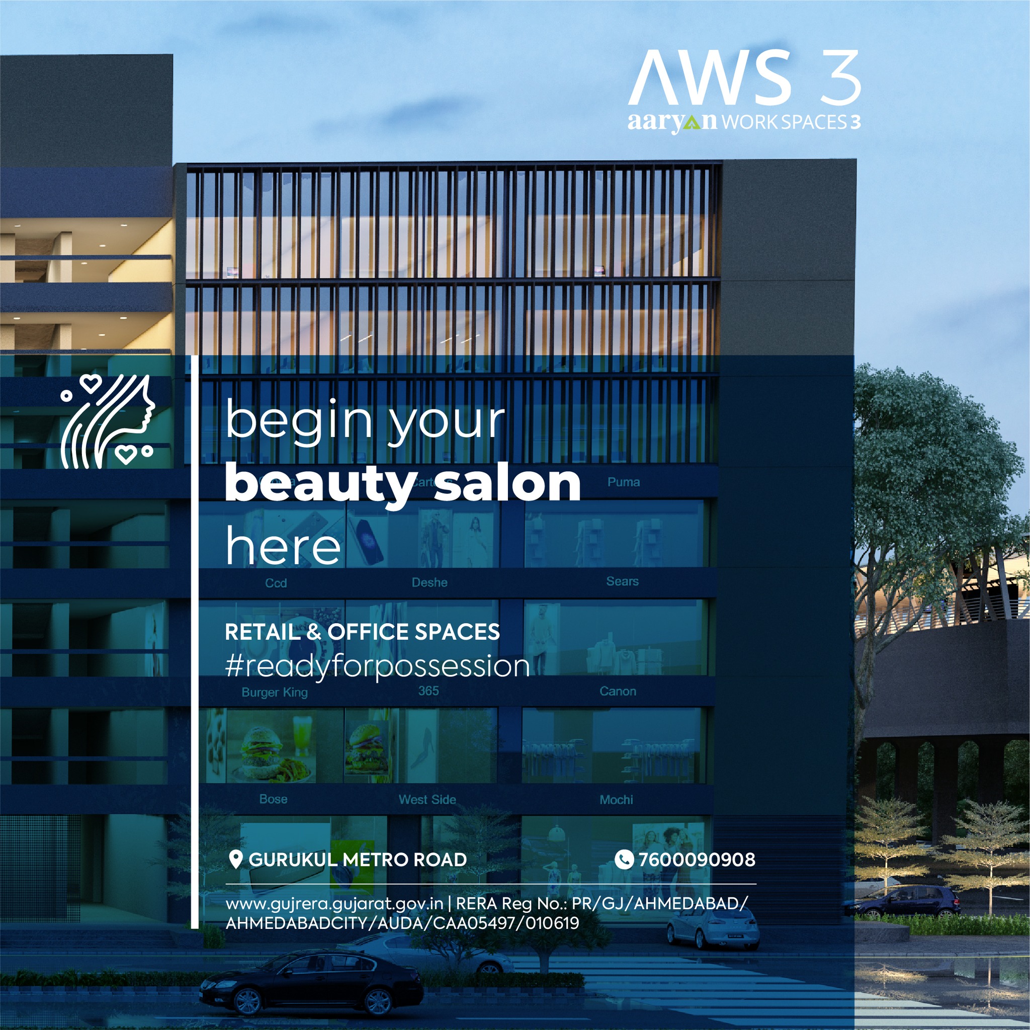 Aaryavart Developers,  AaryanDevelopers, AWS3, AaryanWorkSpaces, ReadyForPossesion, BeautySalon, RealEstate, Investment, Property, Ahmedabad